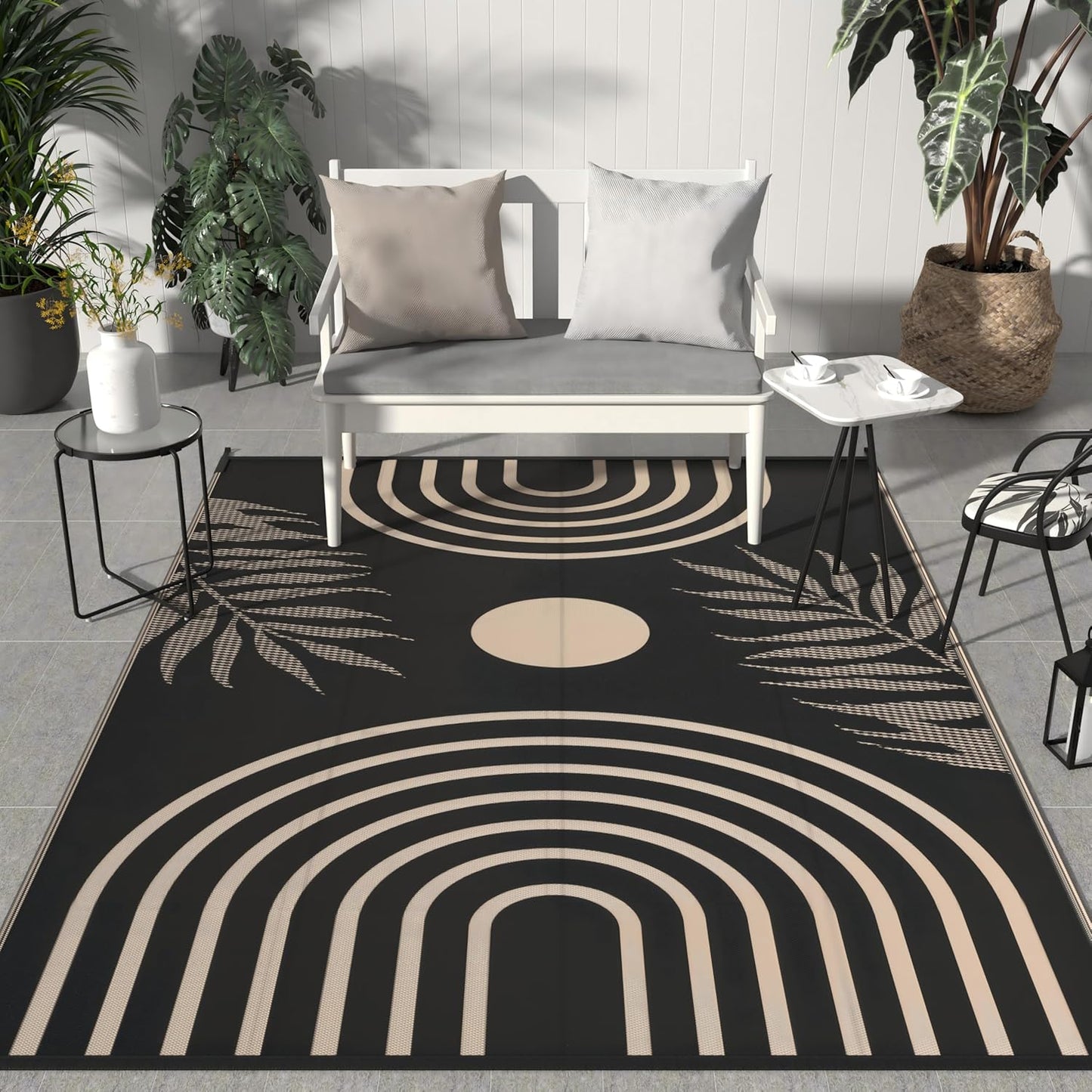 GENIMO Outdoor Rug 8' x 10' Waterproof for Patio Clearance, Reversible Lightweight Plastic Straw Camping Carpet, Large Area Rugs Mats for Rv, Backyard, Deck, Porch, Picnic, Balcony, Mix-Black & Beige