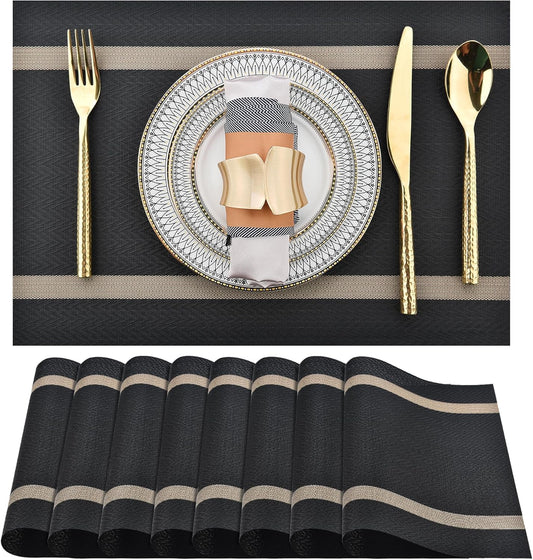Black Placemats Set of 8 - Easy Clean Modern Durable Washable Vinyl Place Mats - Heat Resistant Placemats for Kitchen Table - PVC Table Mats for Dining Table (Black with Stripes, 8)