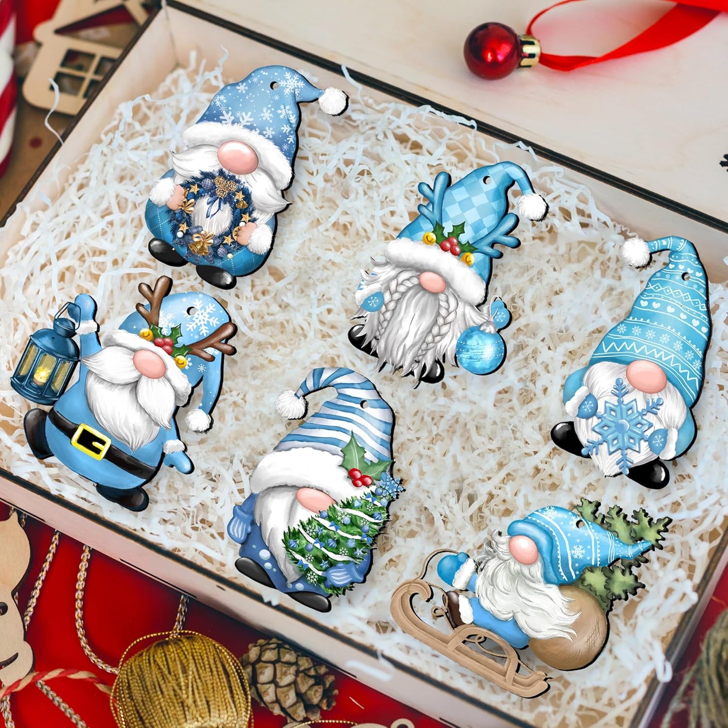 24 Pieces Christmas Gnome Wooden Hanging Ornaments, Wood Decor for Tree Decoration, Santa Doll Craft, Elf Party Supplies (Xmas-Gnomes-C)