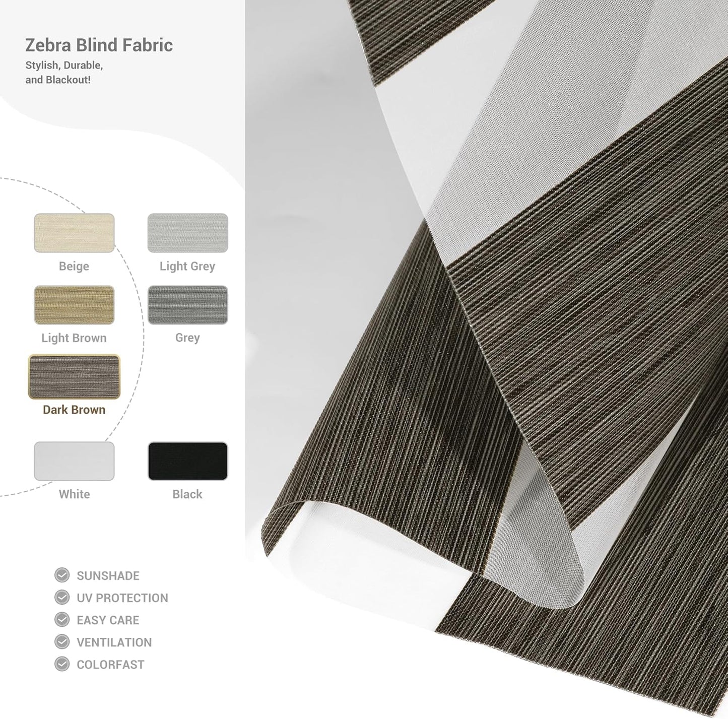 Cordless Zebra Blinds for Windows, Blackout Interior Blinds,Easy to Install,UV Protection,for Offices and Home,Custom Roller Shades, Mousse Dark Bown,86" W x 64" H