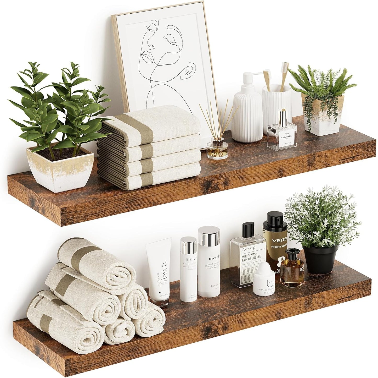 Floating Shelves 10 inches Deep, Long 36 x 10 x 1.8 Wall Shelves for Bedroom, Living Room, Kitchen, Office, Bathroom Farmhouse Shelf Home Decor with Invisible Bracket, Rustic Brown