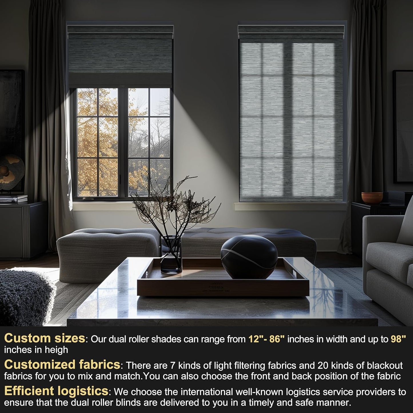 BERISSA Cordless Dual Roller Shades With Cassette Valance, Blackout and Light Filtering, Day and Night for Home Office Door - Striped Jacquard Grey, 31 W x 36" H