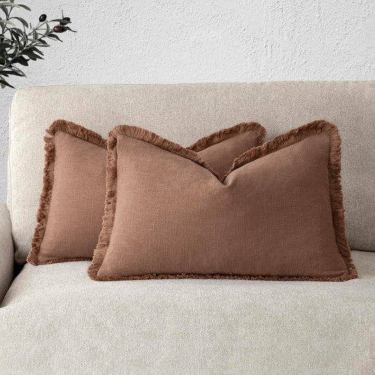 Foindtower Set of 2 Decorative Linen Fringe Throw Pillow Covers Boho Farmhouse Cushion Cover with Tassels Accent Pillowcase for Couch Bed Sofa Living Room Home Bedroom Decor, 12×24 Inch, Khaki Brown