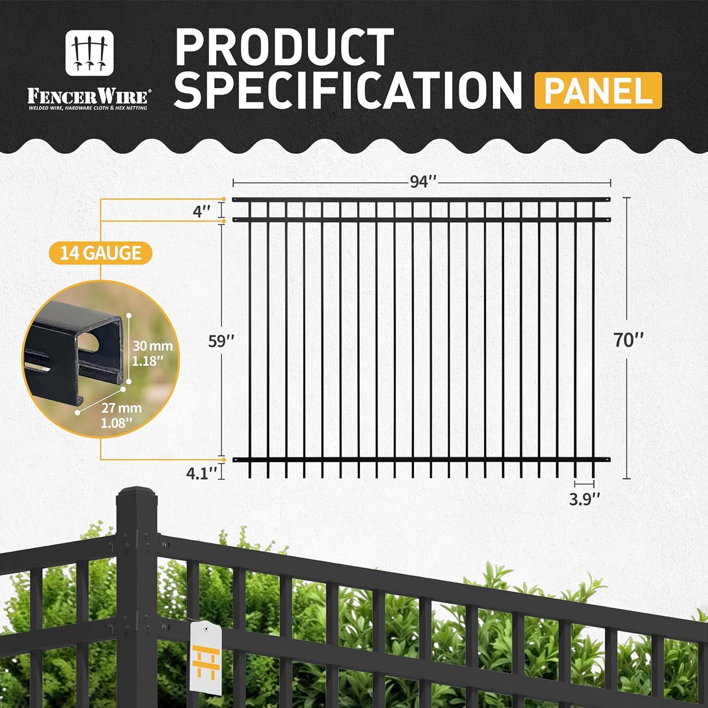 Fencer Wire Pack of 5 Heavy Duty Flat Top Fence Barrier Panel, 6FT Height X 8FT Width Anti-Rust Metal Fencing Panel, 2” Diameter Steel Outdoor Decorative Garden Fence Panel for Yard, Pool, Patio