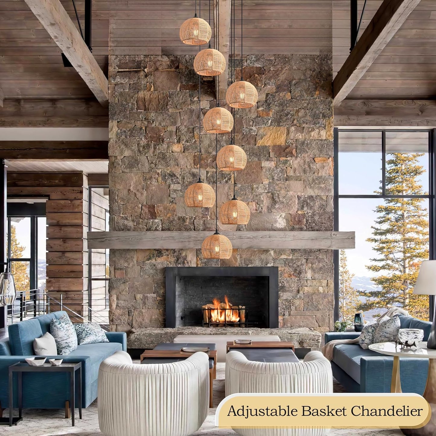 8-Light Woven Foyer Chandeliers for High Ceiling H100",8 Dome Boho Rattan Pendant Lights Farmhouse Ceiling Light,rustic Hemp rope Light Fixture For Living Room Hallway Staircase Entryway (Bulb Incl.