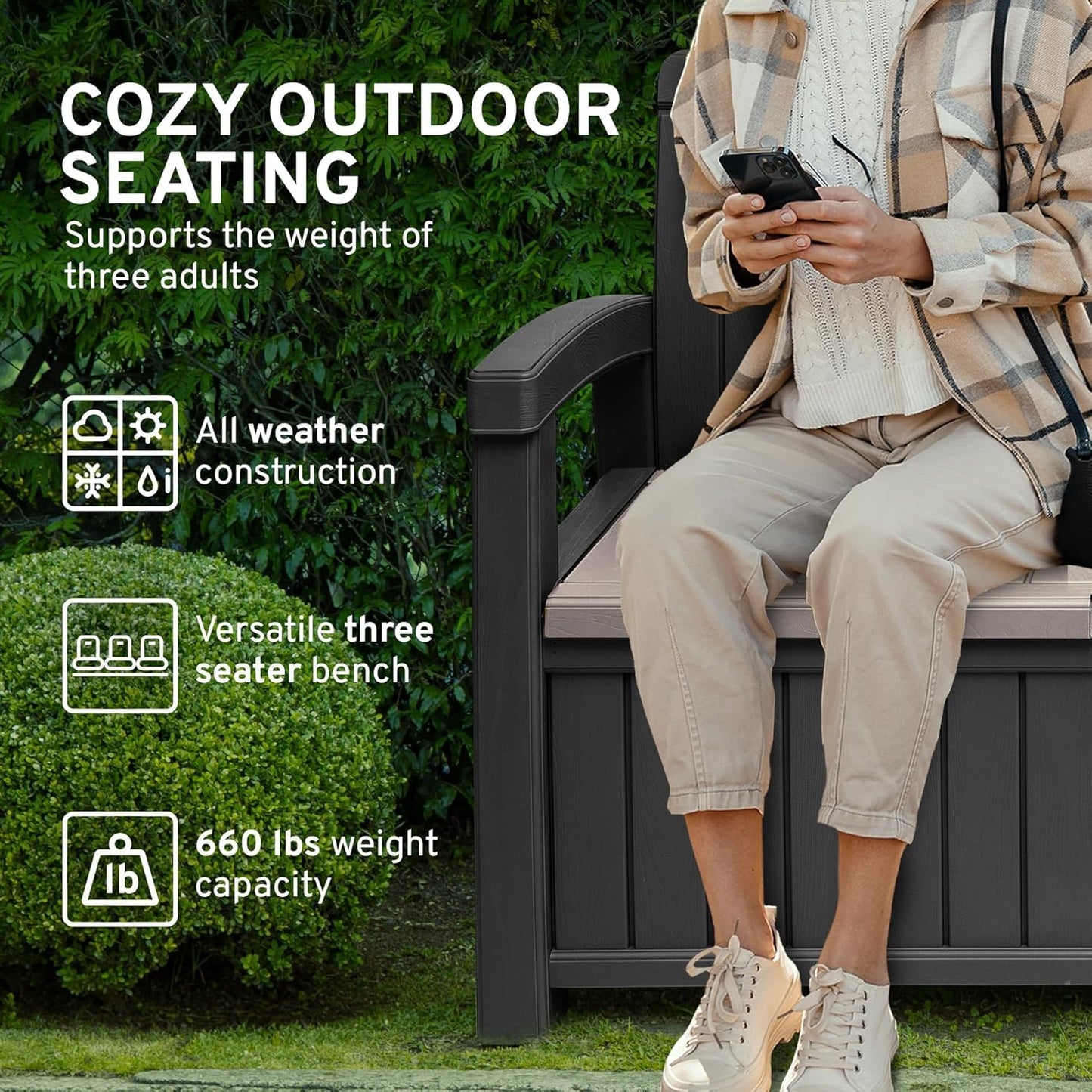 EconoHome 3 Seat Outdoor Storage Bench with Rain Cover - 90 Gallon Capacity - Weatherproof Resin Bench for Patio, Porch, Garden, Yard, Pool Area - Furniture for Pool Accessories, Gardening Tools