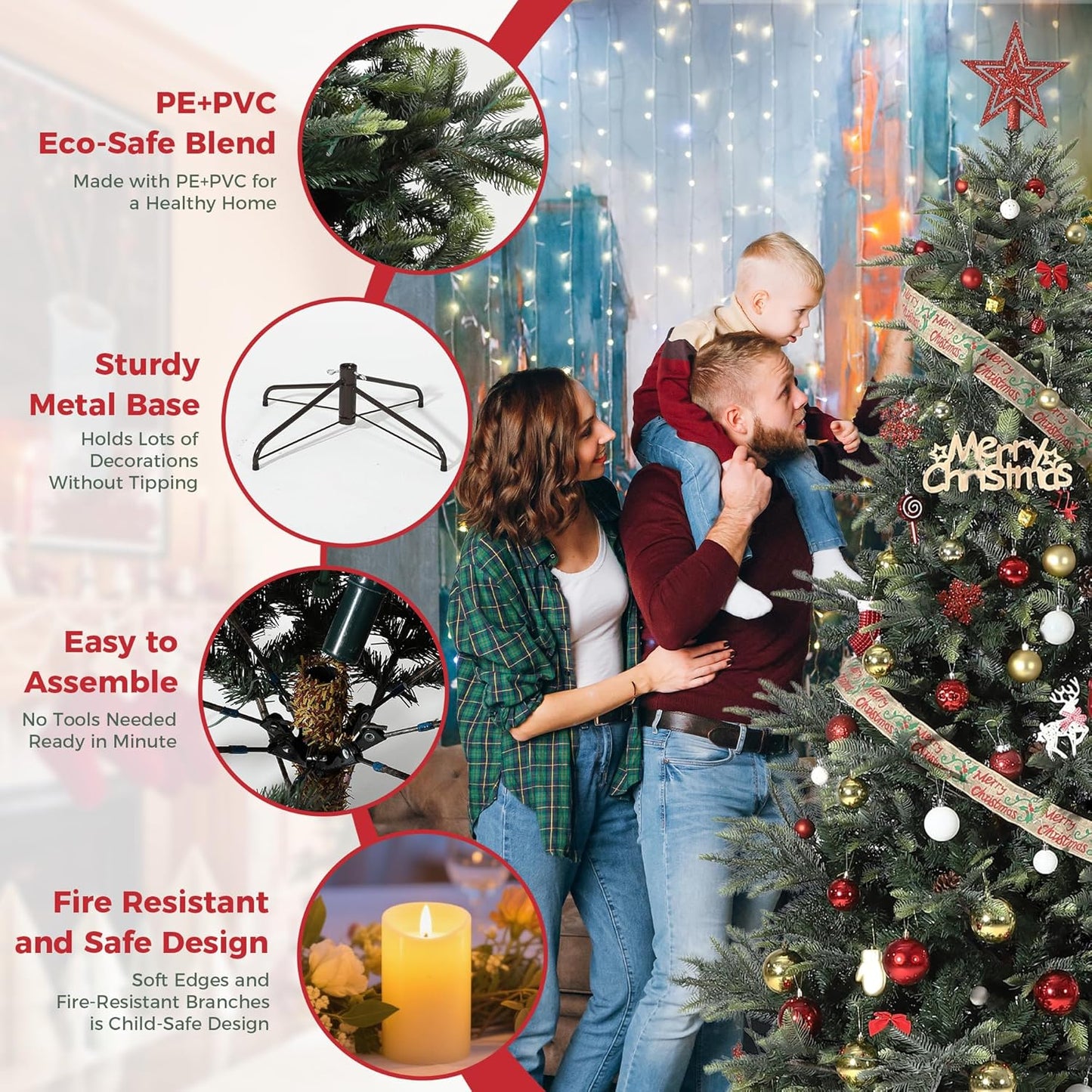 GarveeHome 6.5 FT Artificial Pre-lit Christmas Tree, Green PVC&PE Full Christmas Tree with 350 Warm White Lights for Home, Office, and Xmas Party Décor, Includes Stand