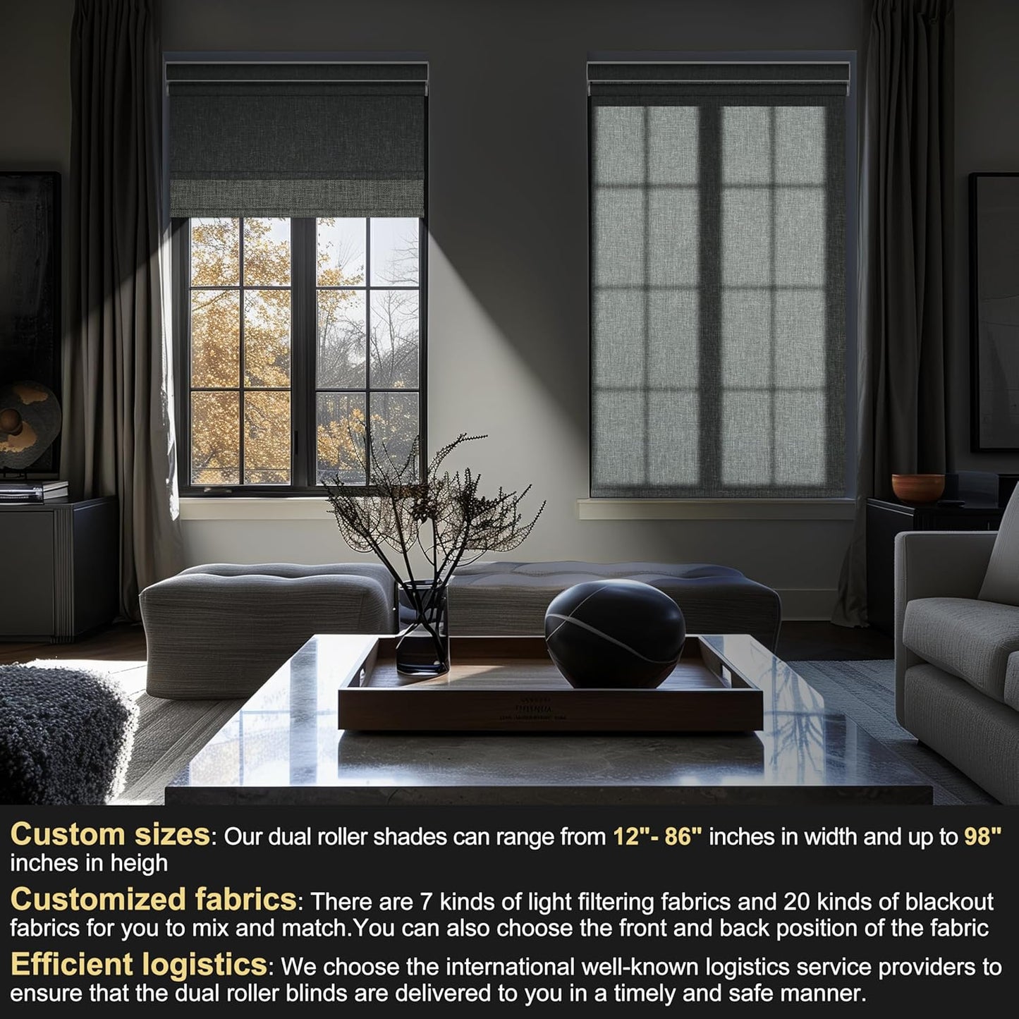 BERISSA Cordless Dual Roller Shades with Cassette Valance, Double Window Shades - Blackout and Light Filtering, Day and Night for Home Office Door. Linen Grey. 52 W x 86" H