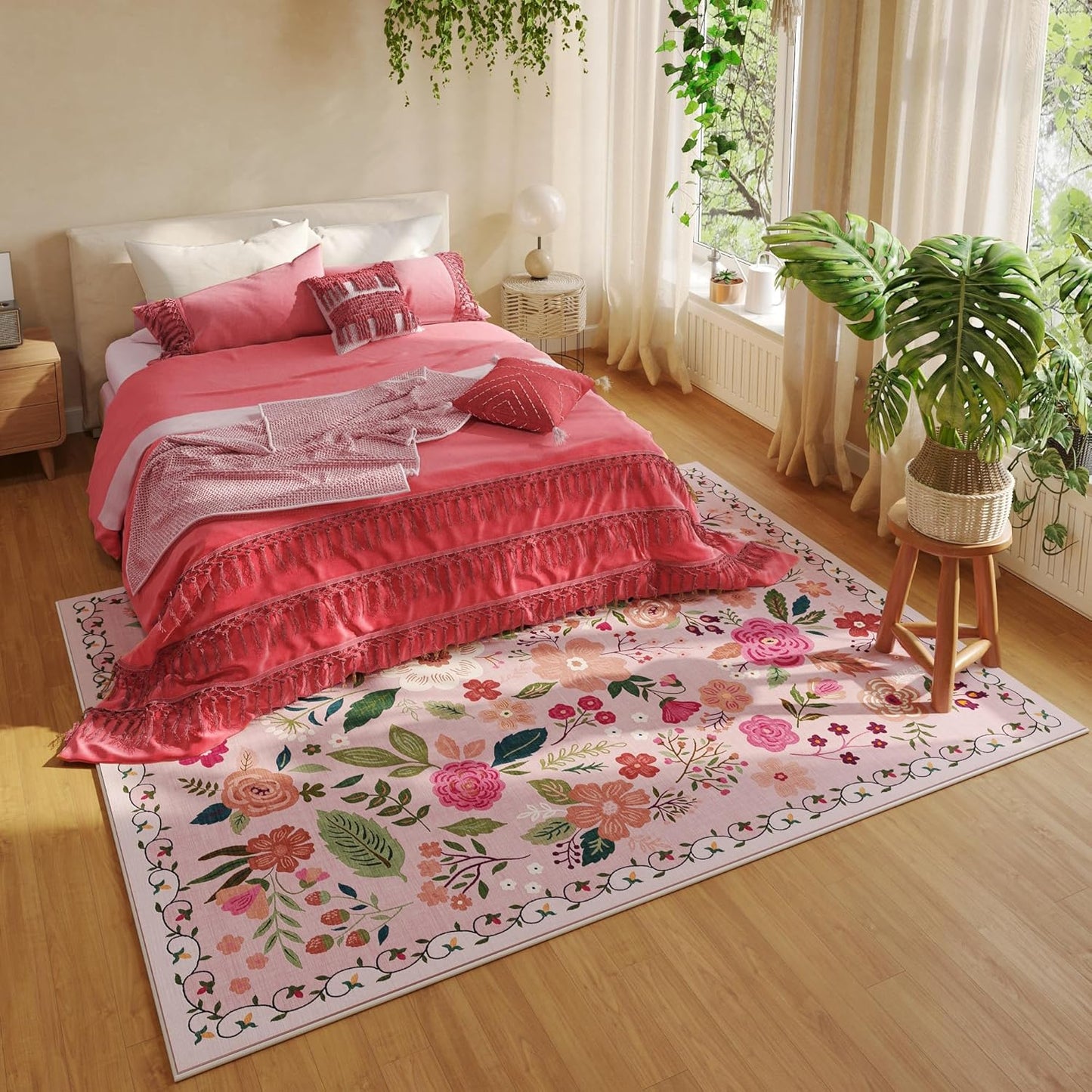 Area Rugs 8x10 Rug for Living Room Clearance Washable Boho Area Rug Non Slip Floral Vintage Low Pile Large Rug for Living Room, Bedroom, Farmhouse, Dining Room, Kids Playroom(Pink)