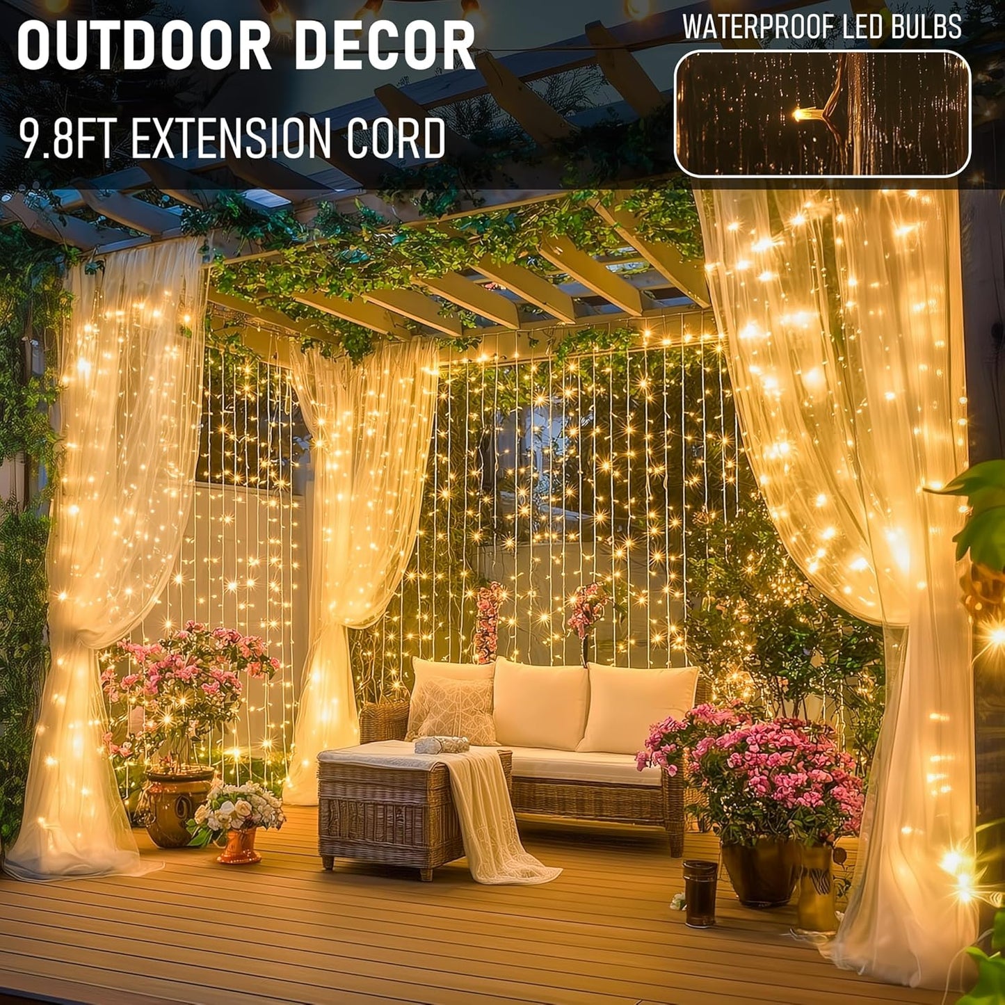 Dazzle Bright 300 LED Curtain Lights, Plug in Fairy Curtain Lights for Bedroom, Christmas Hanging String Lights Outdoor for Window Backdrop Wall Wedding Patio Indoor Dorm Party Decor, Warm White