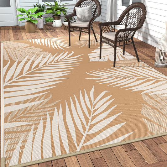 GENIMO Outdoor Rug 5' x 8' Waterproof for Patios Clearance, Reversible, Plastic Straw Camping Rug Carpet, Large Area Rugs Mats for RV, Picnic, Backyard, Deck, Balcony, Porch, Beach, Brown&Beige