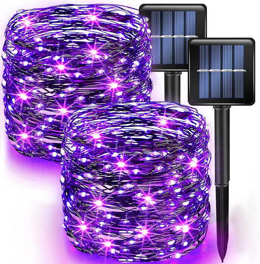 Dazzle Bright 2 Pack Halloween Fairy String Lights, Total 80FT 240 LED Solar Powered Fairy Lights with 8 Modes, Waterproof Copper Wire Lights for Outdoor Christmas Yard Party Patio (Purple)