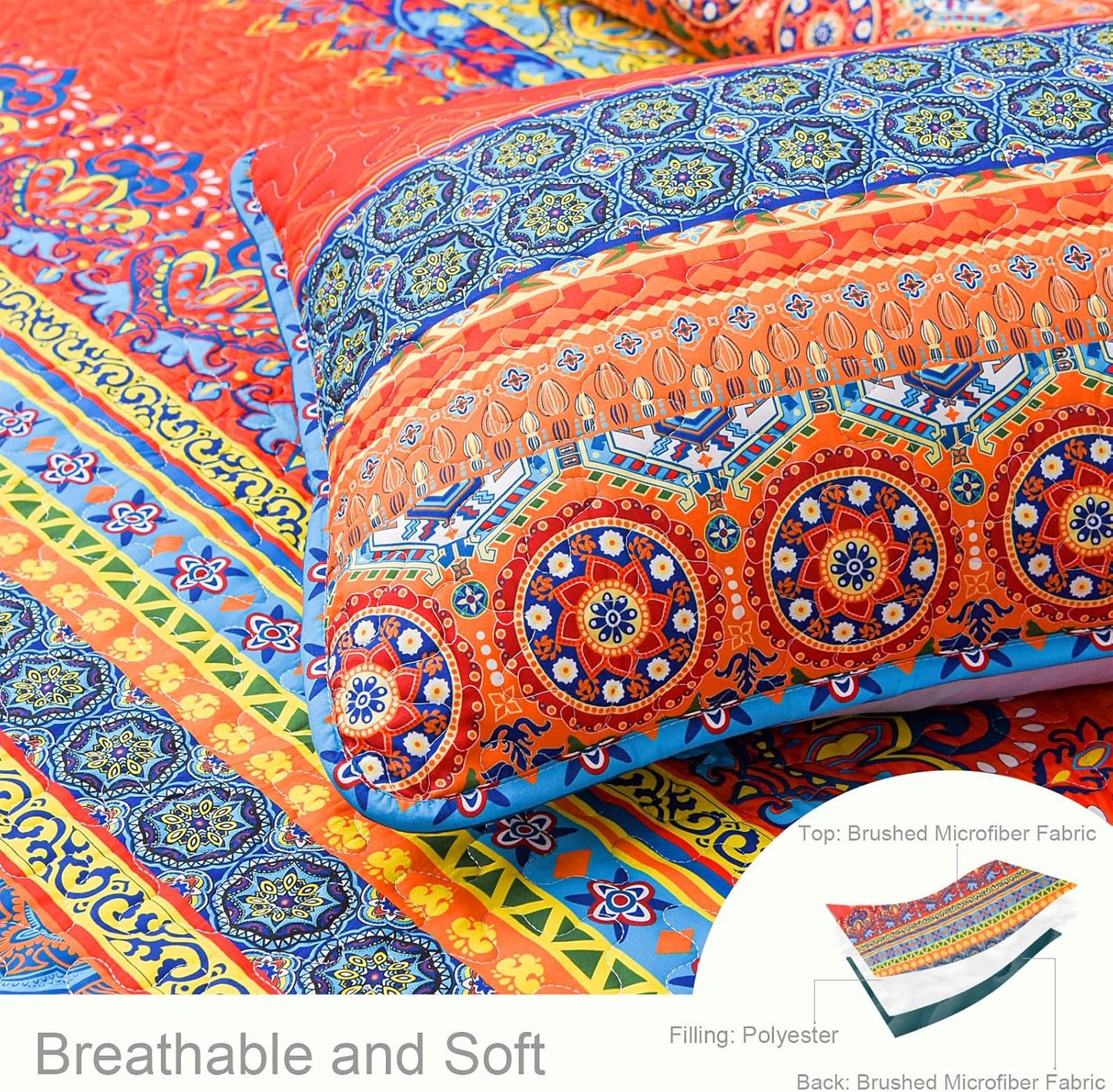 Exclusivo Mezcla Reversible Boho Quilt Set Twin Size, 2 Pieces Bohemian Blue All Season Bedspreads, Ultra Soft Floral Coverlet Bedding Set with Printed Pattern (1 Quilt, 1 Pillow Sham)