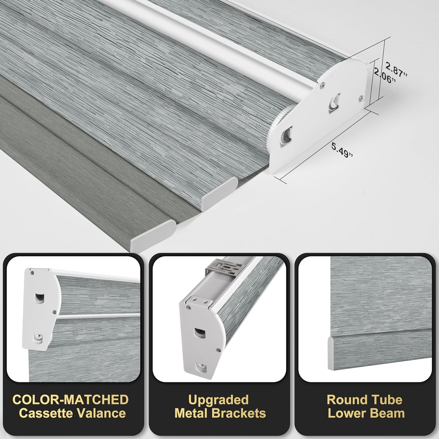 BERISSA Cordless Dual Roller Shades with Cassette Valance, Double Window Shades - Blackout and Light Filtering, Day and Night for Home Office Door. Striped Jacquard Grey. 50 W x 48" H