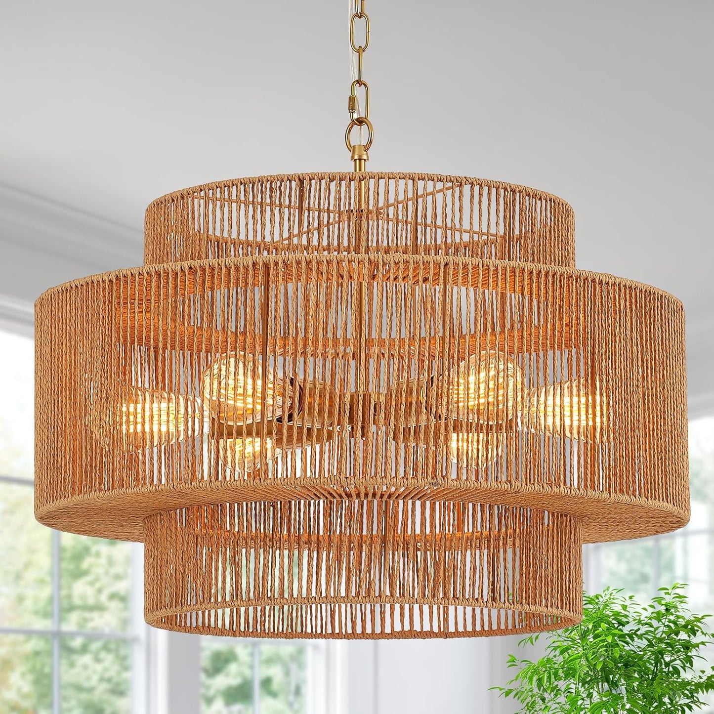 23.6" Rattan Chandelier Light Fixture Vintage 6-Lights Boho Hand-Woven Bamboo Chandeliers Retro Farmhouse 3-Tier Drum Wicker Rattan Golden Chandelier for Dining Room, Kitchen, Living Room