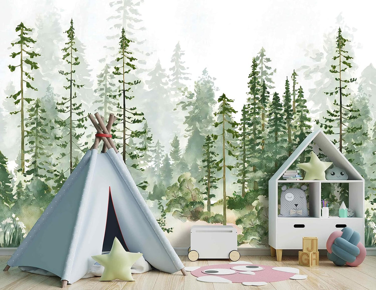 Boys or Girls Cartoon Pine Tree Forest wallpeper Nursery Kids Bedroom Wall Mural - 183"x120"（Not Peel and Stick）