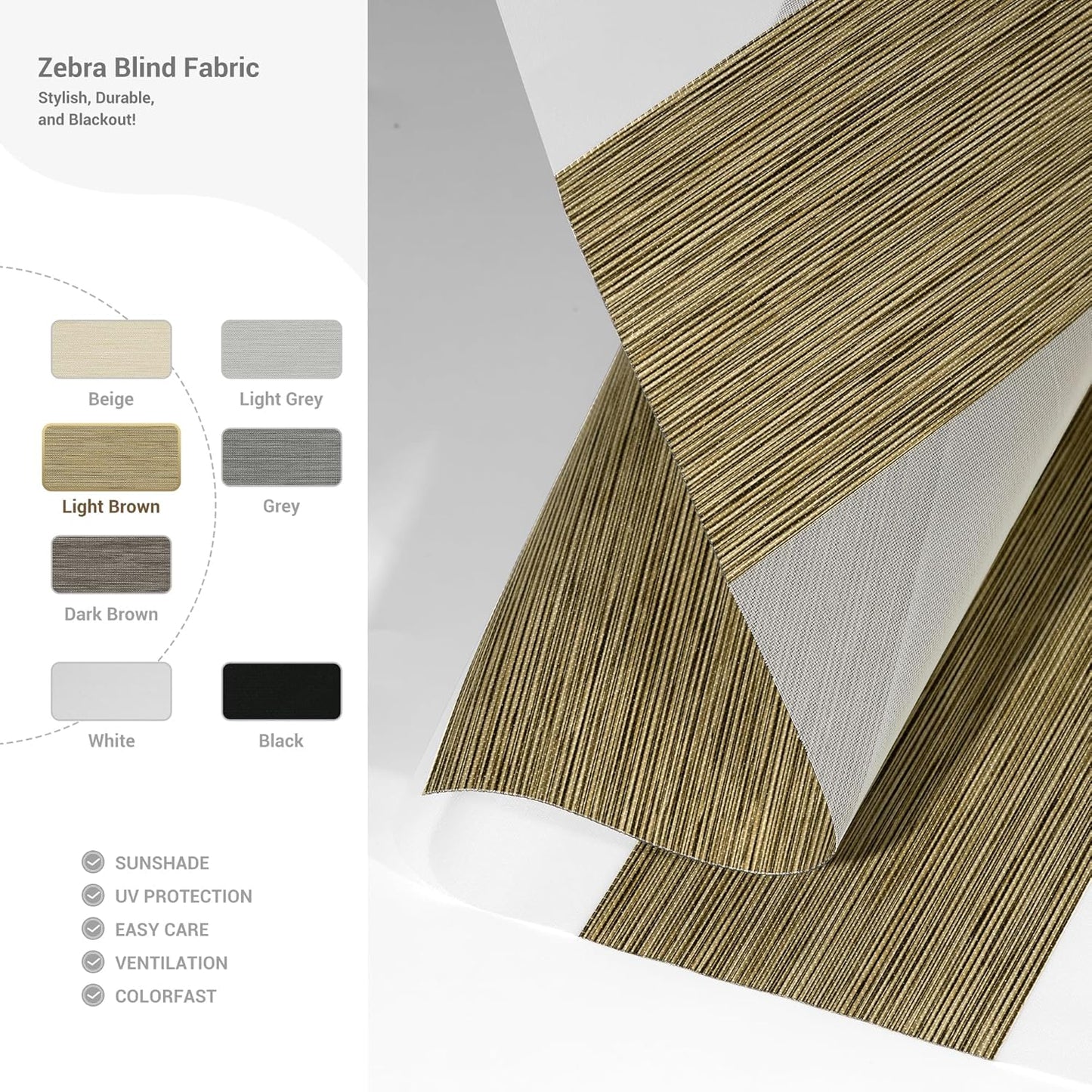 Cordless Zebra Blinds for Windows, Blackout Interior Blinds,Easy to Install,UV Protection,for Offices and Home,Custom Roller Shades, Mousse Light Bown,24" W x 36" H