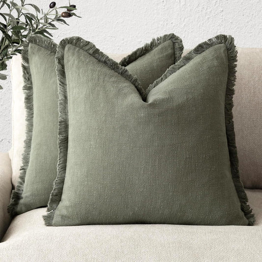 Foindtower Set of 2 Decorative Linen Fringe Throw Pillow Covers Cozy Farmhouse Boho Cushion Cover with Tassels Soft Accent Pillowcase for Couch Sofa Bed Living Room Home Decor 20×20 Inch Olive Green