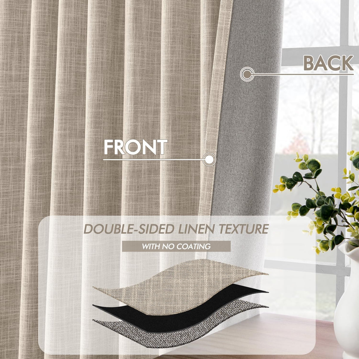 MIULEE Beige 100% Blackout Linen Curtains 96 Inch 2 Panels Set Double Sided No Coating Pinch Pleated Back Tab Floor to Ceiling Black Out Thermal Insulated Bedroom Living Room Darkening Window Drapes