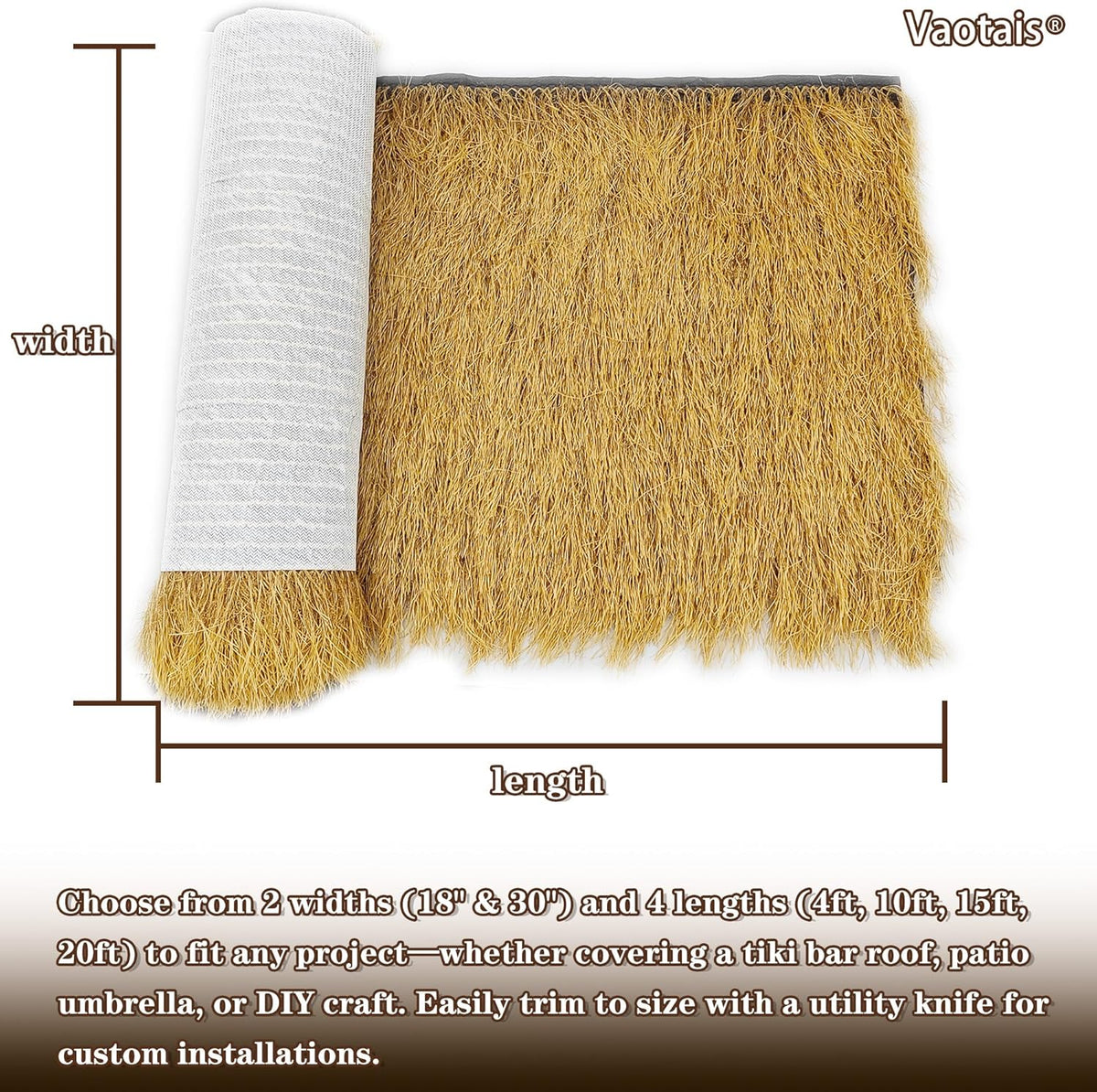 Realistic Synthetic Thatch Roll Sun-Bleached Yellow - 18 & 30 Inch Widths - Reinforced Weave for Mexican Palapa, Tiki Bars, Hawaiian Parties & Patio Decor (30 Inch Width x 10 Feet Length)