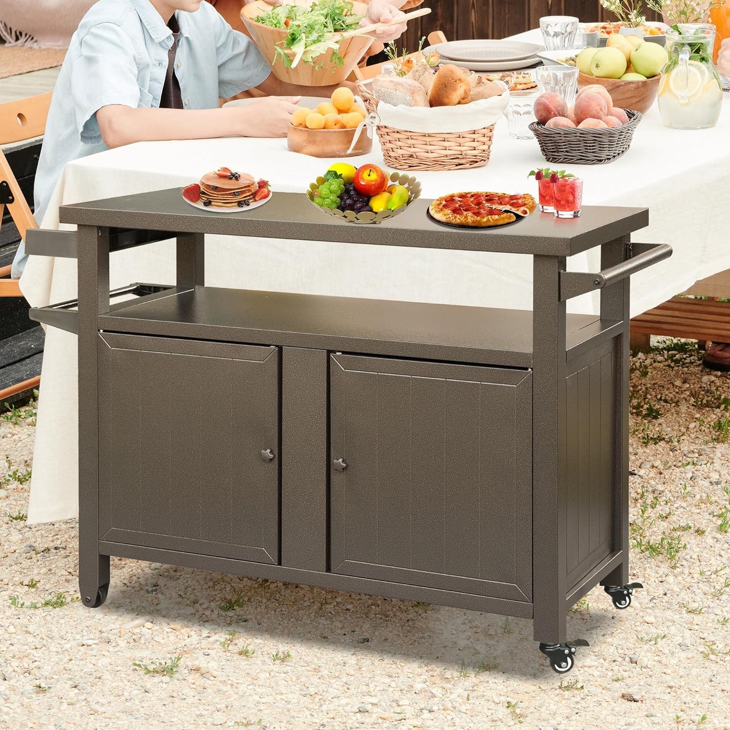Domi Grill Carts Outdoor Storage Cabinet with Wheels, Metal Outdoor Grill Kitchen Table Dining Cooking Prep BBQ Table for Patio, Kitchen Island, Home Party, Bar (Brown)