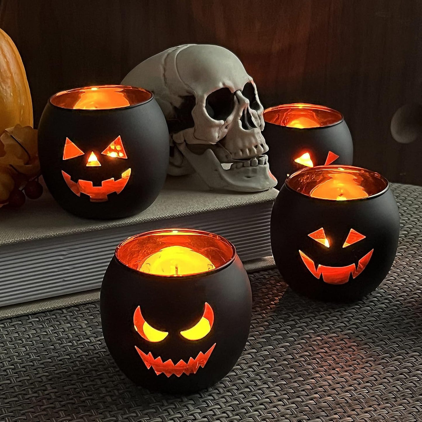 Halloween Table Centerpiece Candle Holders Set of 12, Black and Gold Glass Votive Holder with 6 Grimace, Tealight Holders Bulk for Halloween Party D?or