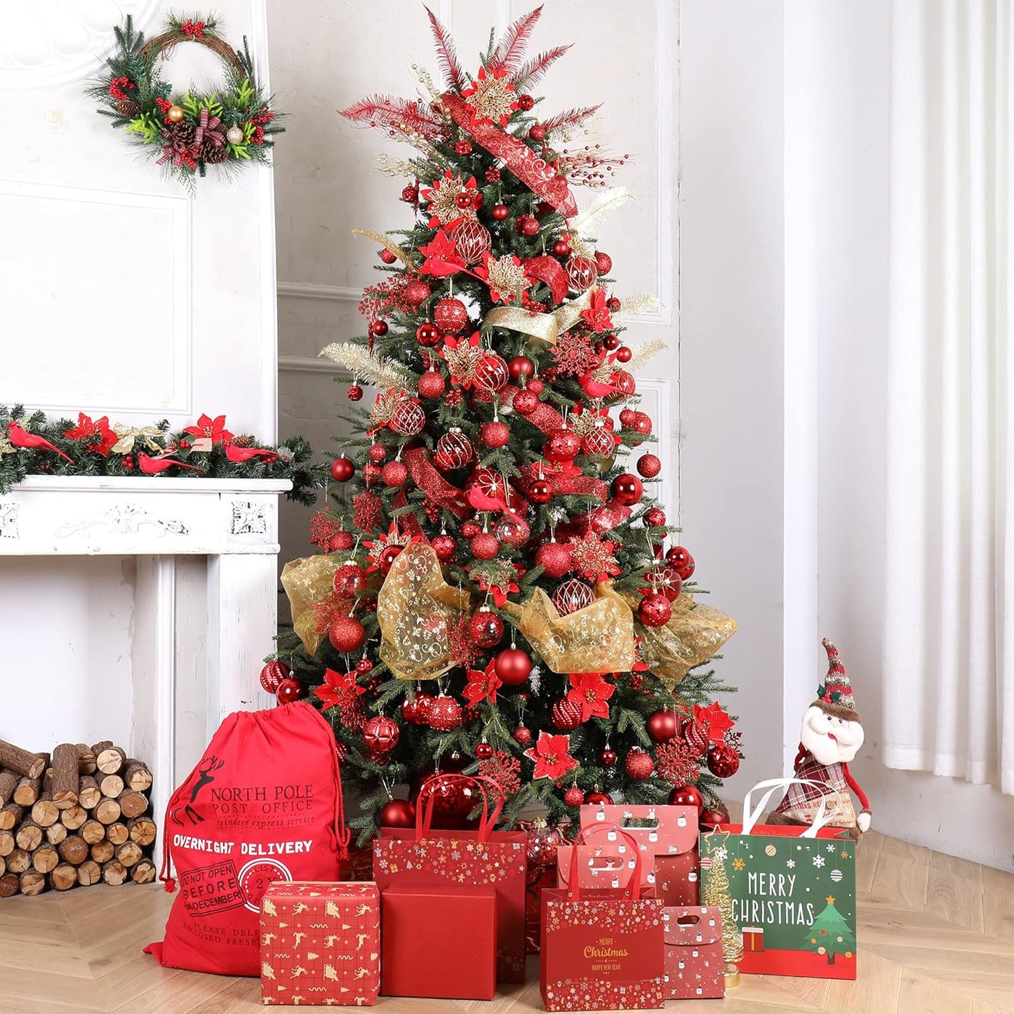 87ct Christmas Ball Ornaments Set Shatterproof Seasonal Hanging Decorations with Reusable Hand-held Gift Package for Xmas Tree Holiday Party and Home Decor, Red