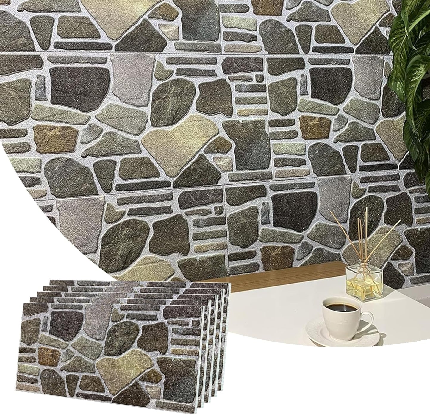 Dundee Deco 3D Wall Panels - Cladding, Charcoal Green Beige Stone Look Wall Paneling, Styrofoam Facing for Interior and Exterior Applications, DIY, Set of 5, Covers 27 sq ft