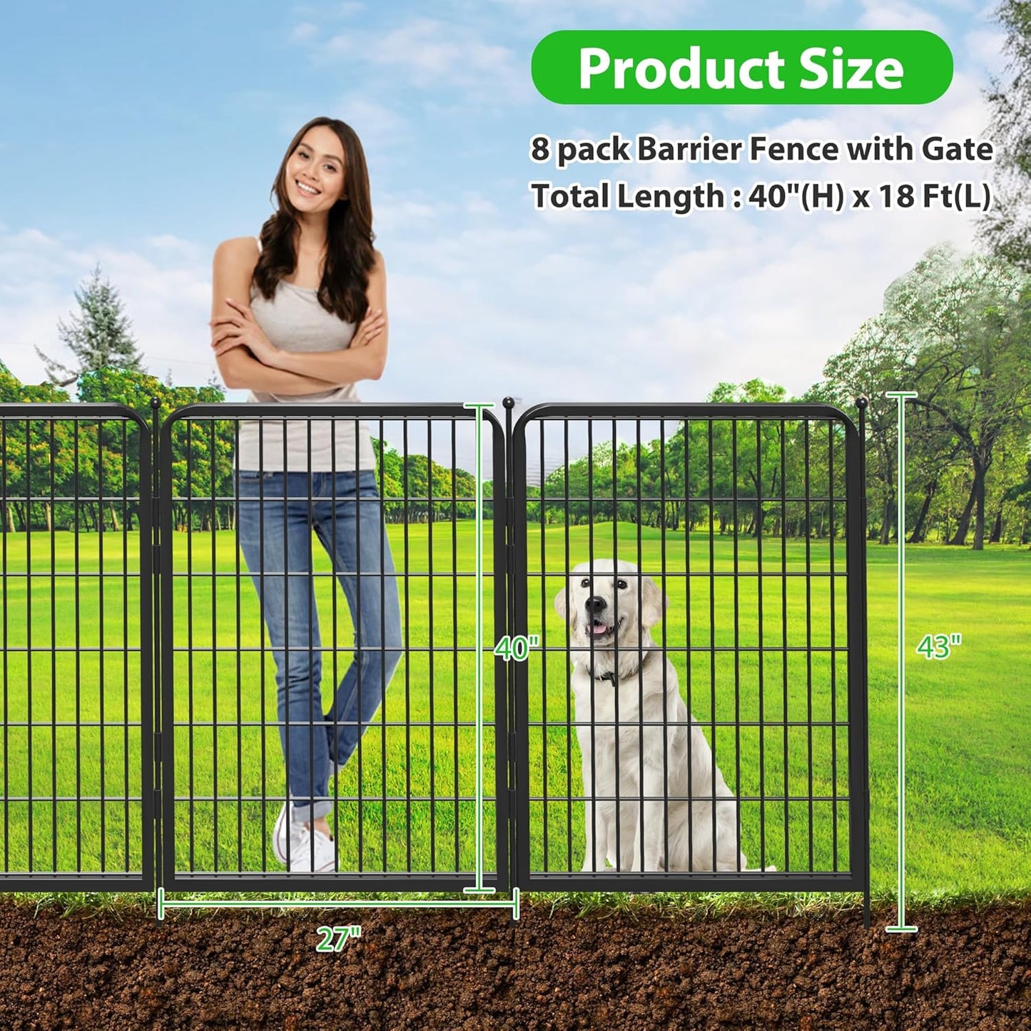 Decorative Black Metal Fencing Garden Fence with Gate, 18ft(L) 40in(H) 8 Fence Panels No Dig Fence Rustproof Animal Barrier Fence Temporary Dog Panels Fencing Outdoor