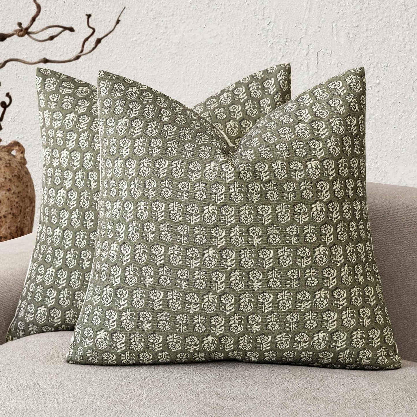 Foindtower Set of 2 Decorative Vintage Floral Print Throw Pillow Covers Neutral Modern Farmhouse Cushion Covers Boho Home Decor for Sofa Chair Couch Bedroom Living Room Outdoor,18×18 Inch,Sage Green
