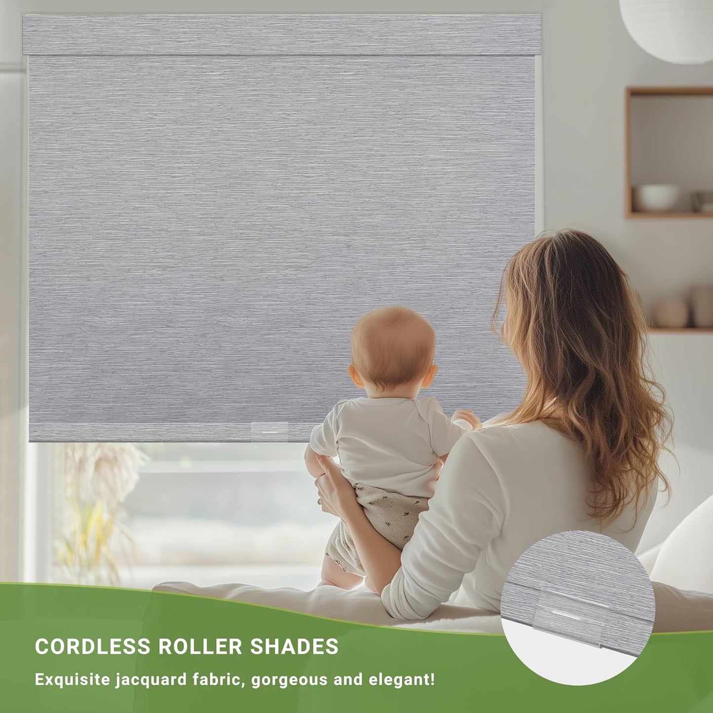 Blackout Roller Shades for Indoor Windows, Cordless Jacquard Fabric-Matched Roller Blinds, Easy to Install Privacy UV Protection Roll Up Blinds for Home Office, Grey, 25" W x 72" H
