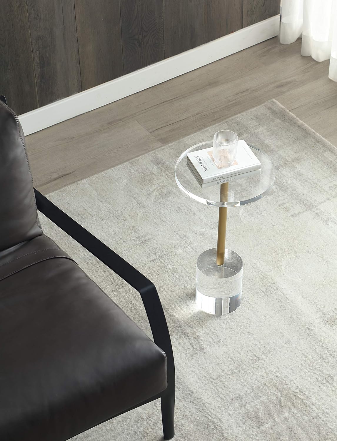Clear Acrylic End Table,Side Table,Brushed Brass Metal,Round,for Office, Living Room and Bedroom,Easy Assembly,12x12 inch，21.3 inch high