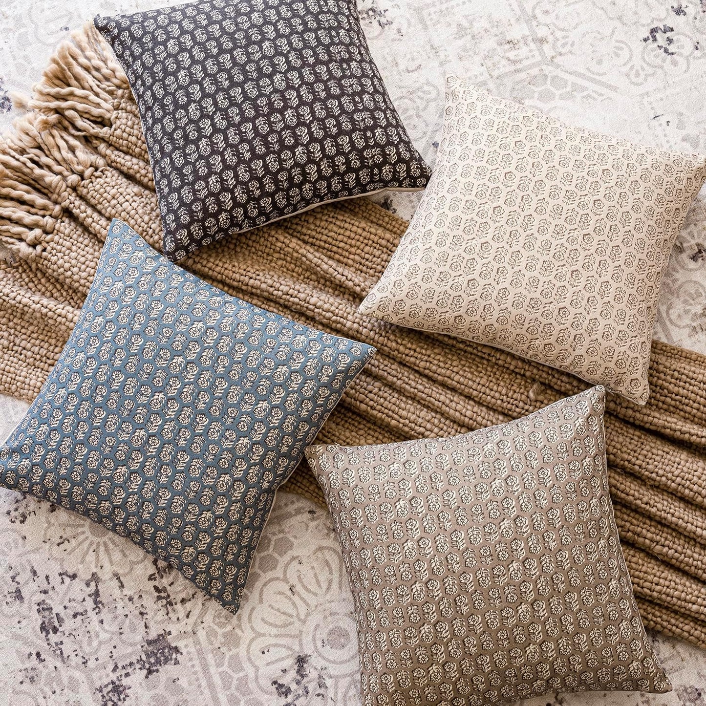 Foindtower Set of 2 Decorative Vintage Floral Print Throw Pillow Covers Neutral Modern Farmhouse Cushion Covers Boho Home Decor for Sofa Couch Chair Bedroom Living Room Outdoor,20×20 Inch,Ivory Beige