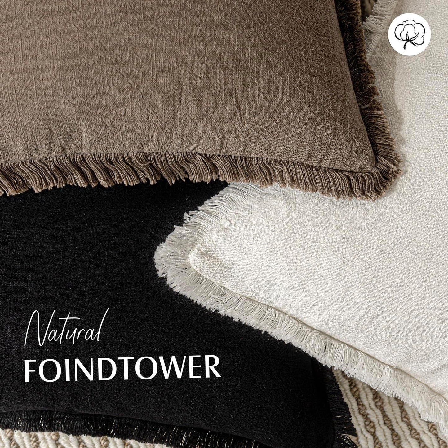 Foindtower Set of 2 Decorative Linen Fringe Throw Pillow Covers Cozy Boho Farmhouse Cushion Cover with Tassels Soft Accent Pillowcase for Couch Sofa Bed Living Room Home Decor, 26×26 Inch, Light Brown