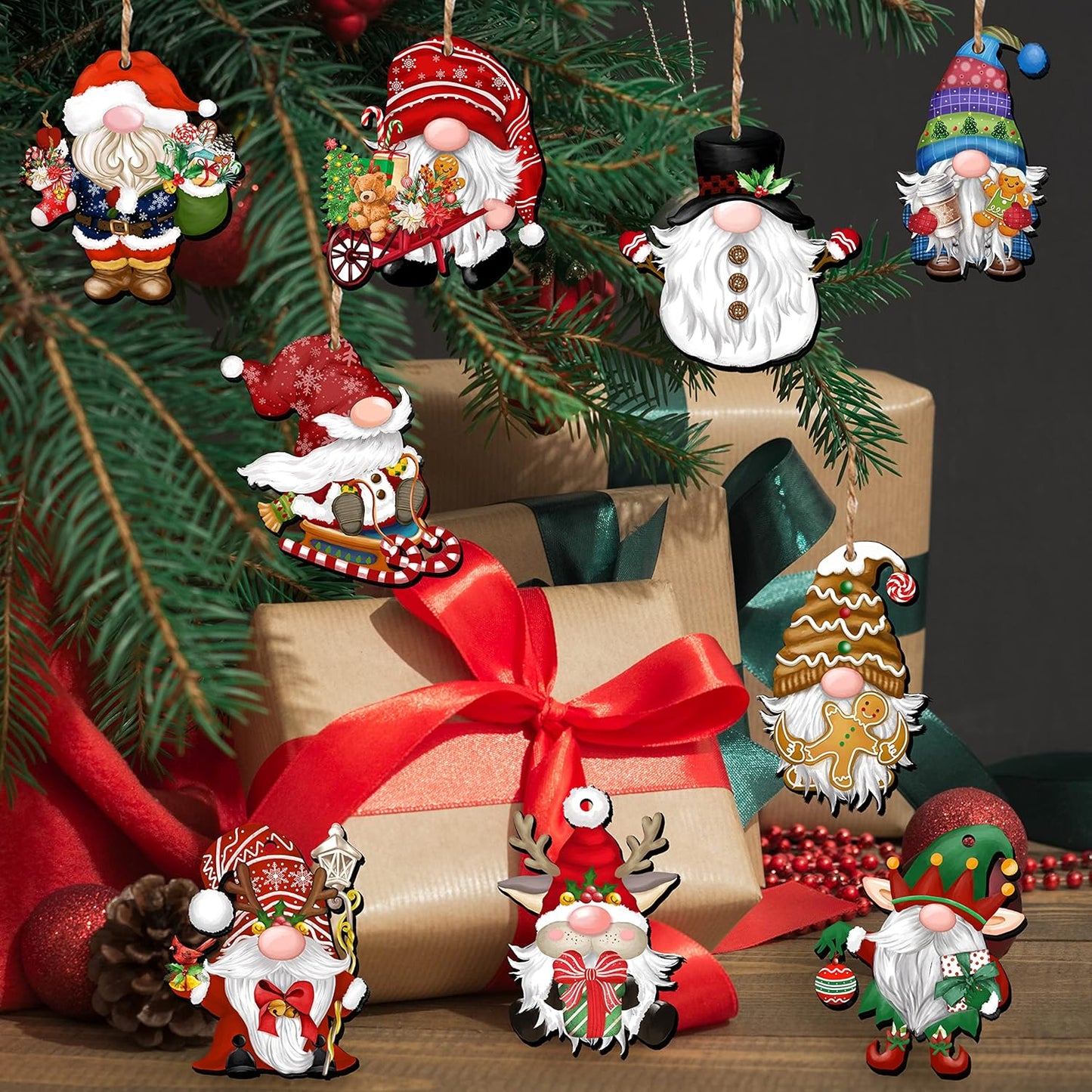 24 Pieces Christmas Gnome Wooden Ornaments Wood Hanging Decorations for Christmas Tree Santa Clause Elf Hanging Wood Crafts Holiday Decor Xmas Party Supplies (Xmas-Gnomes-B)
