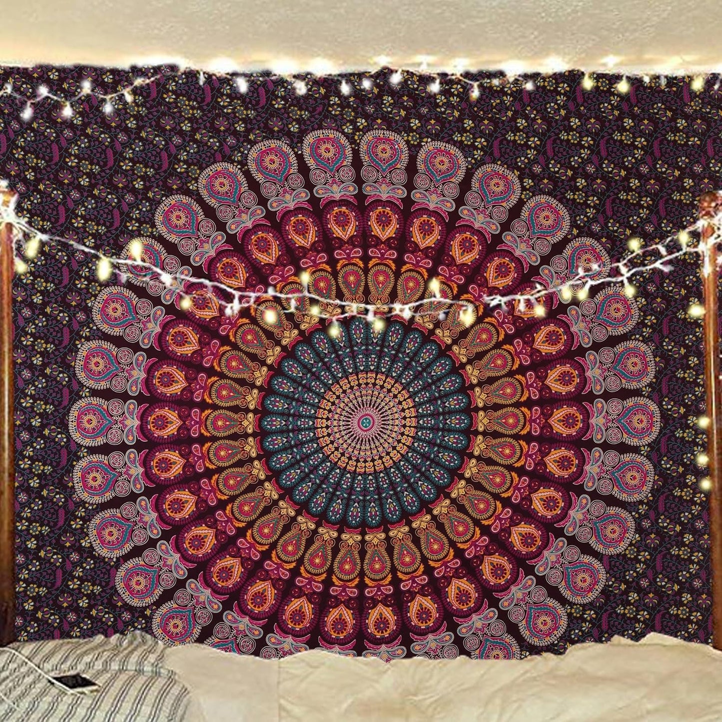 Bless International Handmade Indian hippie Bohemian Psychedelic Peacock Mandala Wall hanging College Dorm Beach Throws Table Cloth Bedding Tapestry (Golden Pink Blue, Queen(84x90Inches)(215x230Cms))