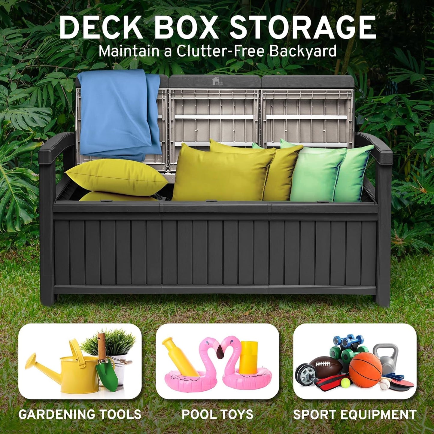 EconoHome 3 Seat Outdoor Storage Bench with Rain Cover - 90 Gallon Capacity - Weatherproof Resin Bench for Patio, Porch, Garden, Yard, Pool Area - Furniture for Pool Accessories, Gardening Tools