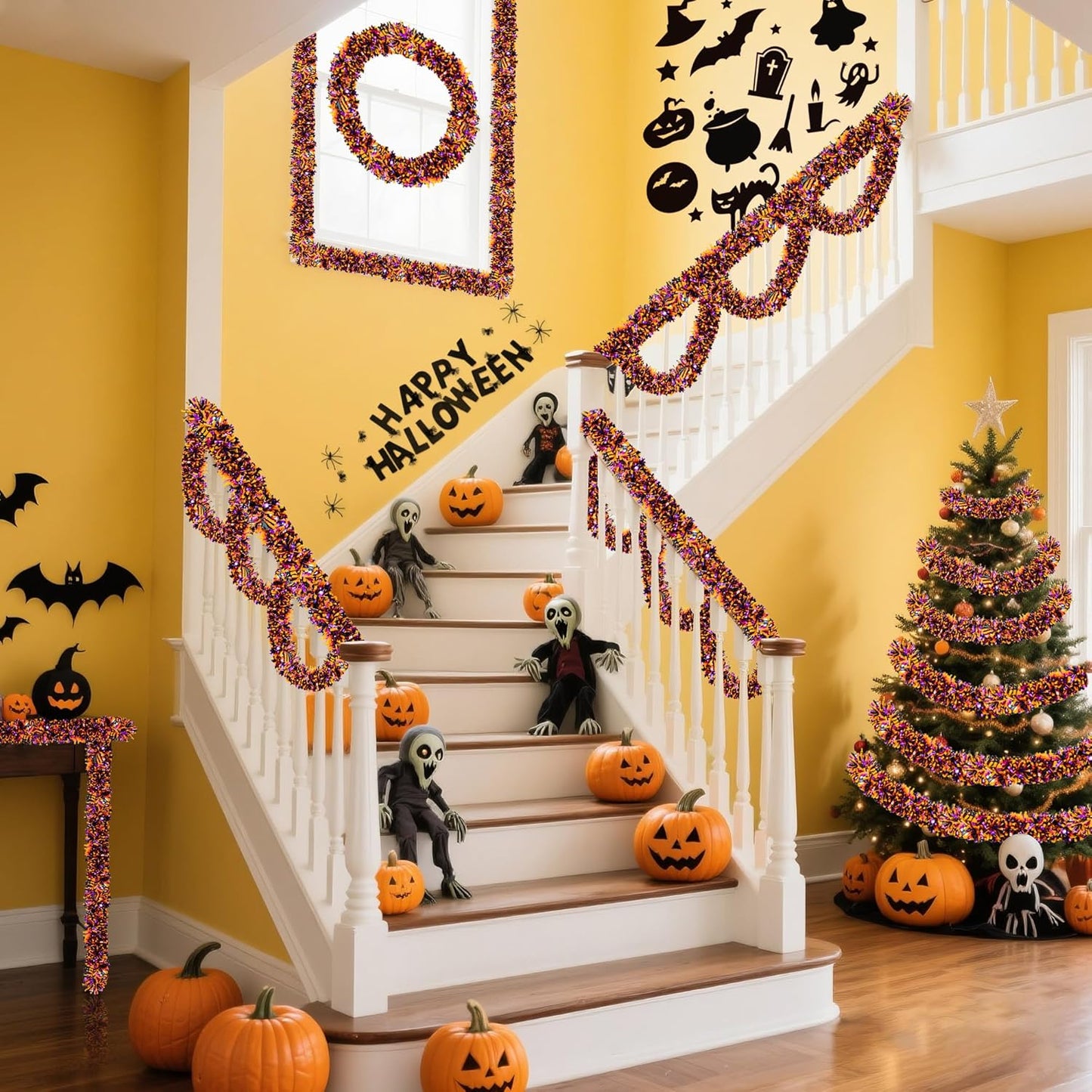 50FT Halloween Decorations Tinsel Garland, Orange Purple Black Shiny Metallic Tinsel Twist Hanging Streamers Garland for Halloween Birthday Home Tree Banister Indoor Outdoor Party Decor Supplies