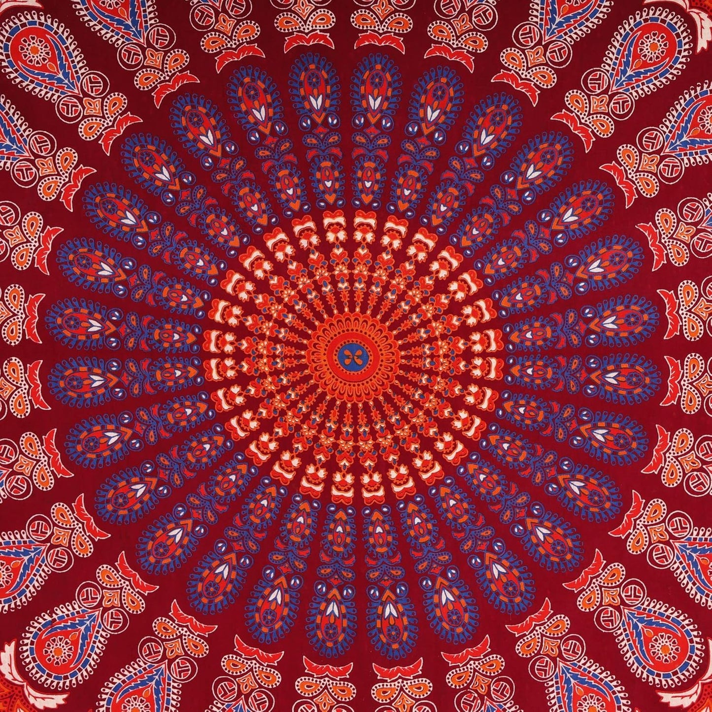 Bless International Handmade Indian hippie Bohemian Psychedelic Peacock Mandala Wall hanging College Dorm Beach Throws Table Cloth Bedding Tapestry (Blue Red, King(88x104Inches)(225x265Cms))