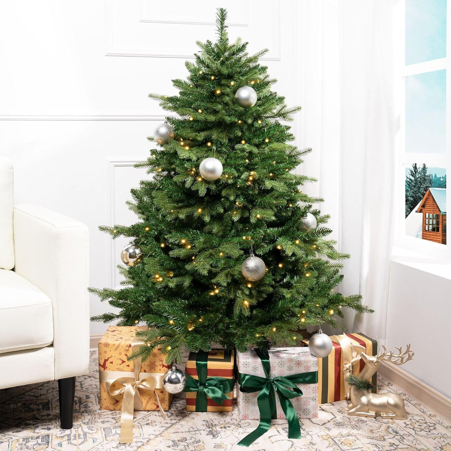 Cynthia 4.5ft Prelit Aritificial Christmas Tree with 1117 Branch Tips, 300 Warm Lights and Metal Stand, 40" Wide Realistic Rustic Christmas Tree with Lights by Naomi Home