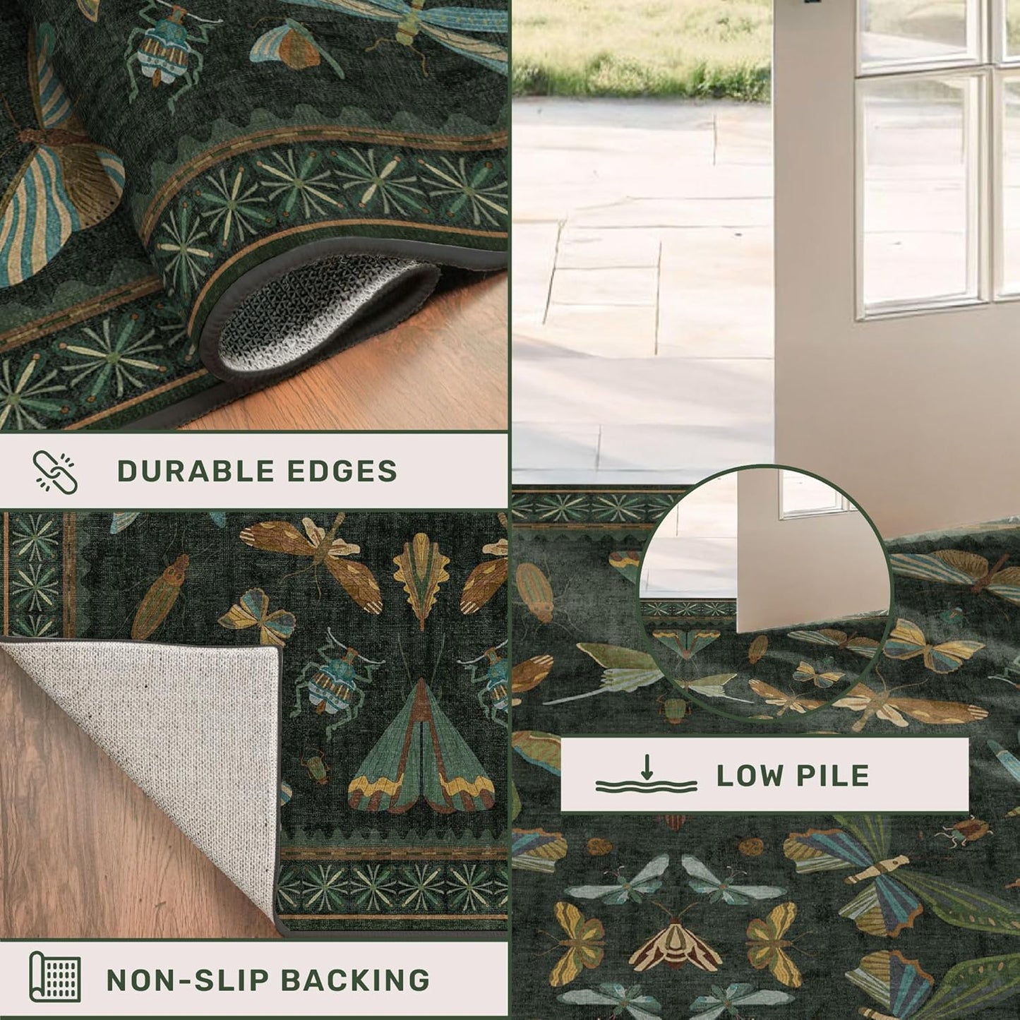 Green and Black Entryway Rug - 3x5 Throw Rug for Large Kitchen, Entry Way, Mudroom, Dark Unique Insect Print, Washable Low Pile Floor Carpet