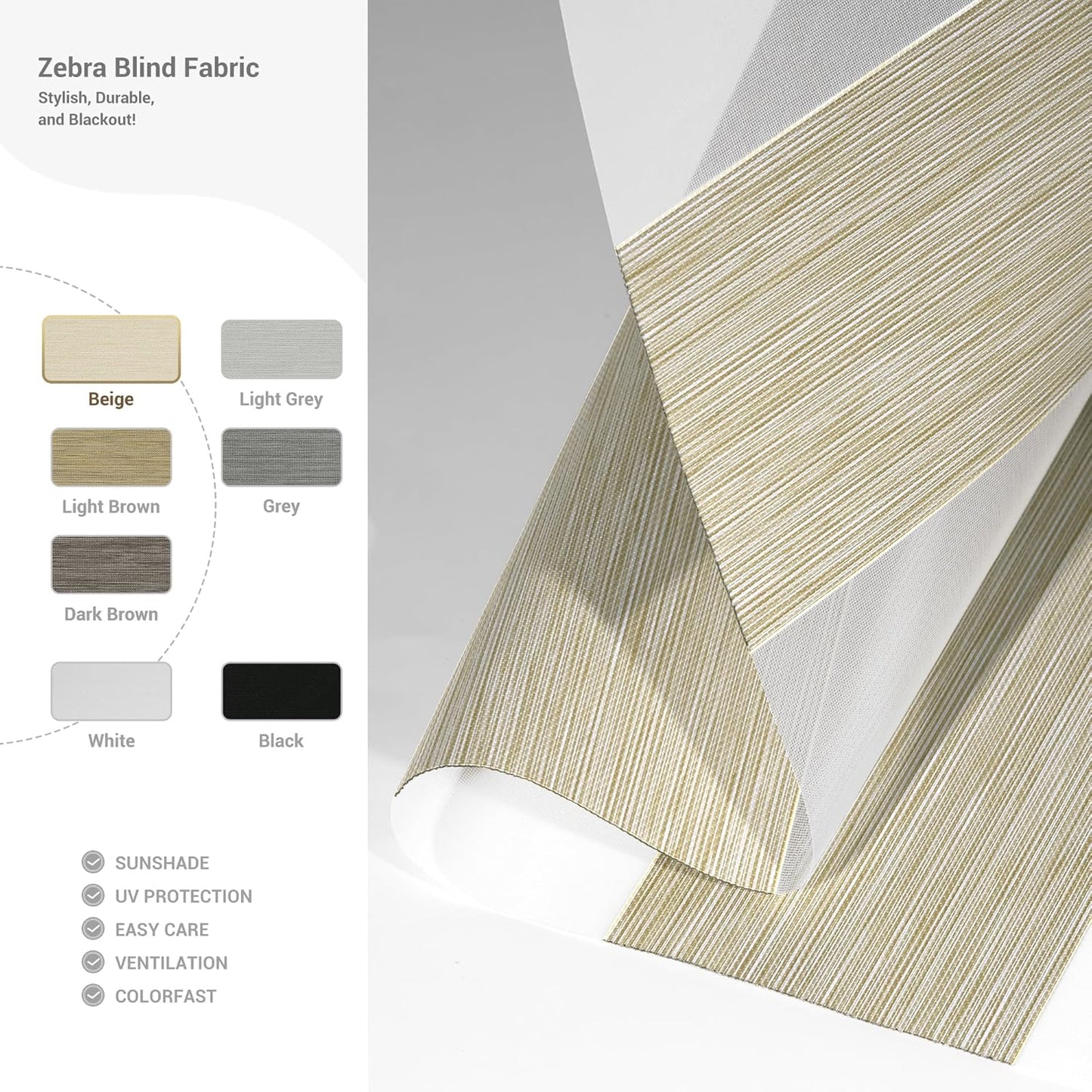 Cordless Zebra Blinds for Windows, Blackout Interior Blinds,Easy to Install,UV Protection,for Offices and Home,Custom Roller Shades, Mousse Beige,22" W x 48" H