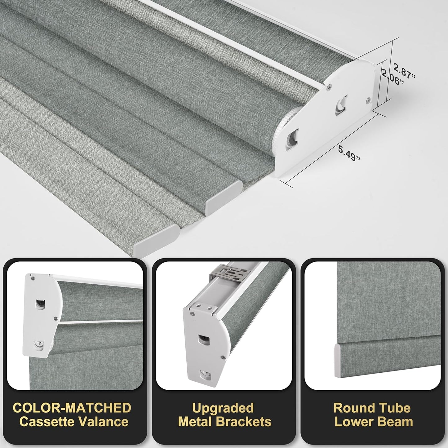 BERISSA Cordless Double Roller Shades with Cassette Valance - Blackout and Light Filtering - Day and Night Shades for Home Office/Door - Linen Grey - 31W x 36H