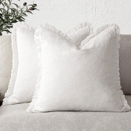 Foindtower Set of 2 Decorative Linen Fringe Throw Pillow Covers Cozy Boho Farmhouse Cushion Cover with Tassels Soft Accent Pillowcase for Couch Sofa Bed Living Room Home Decor,24×24 Inch,White