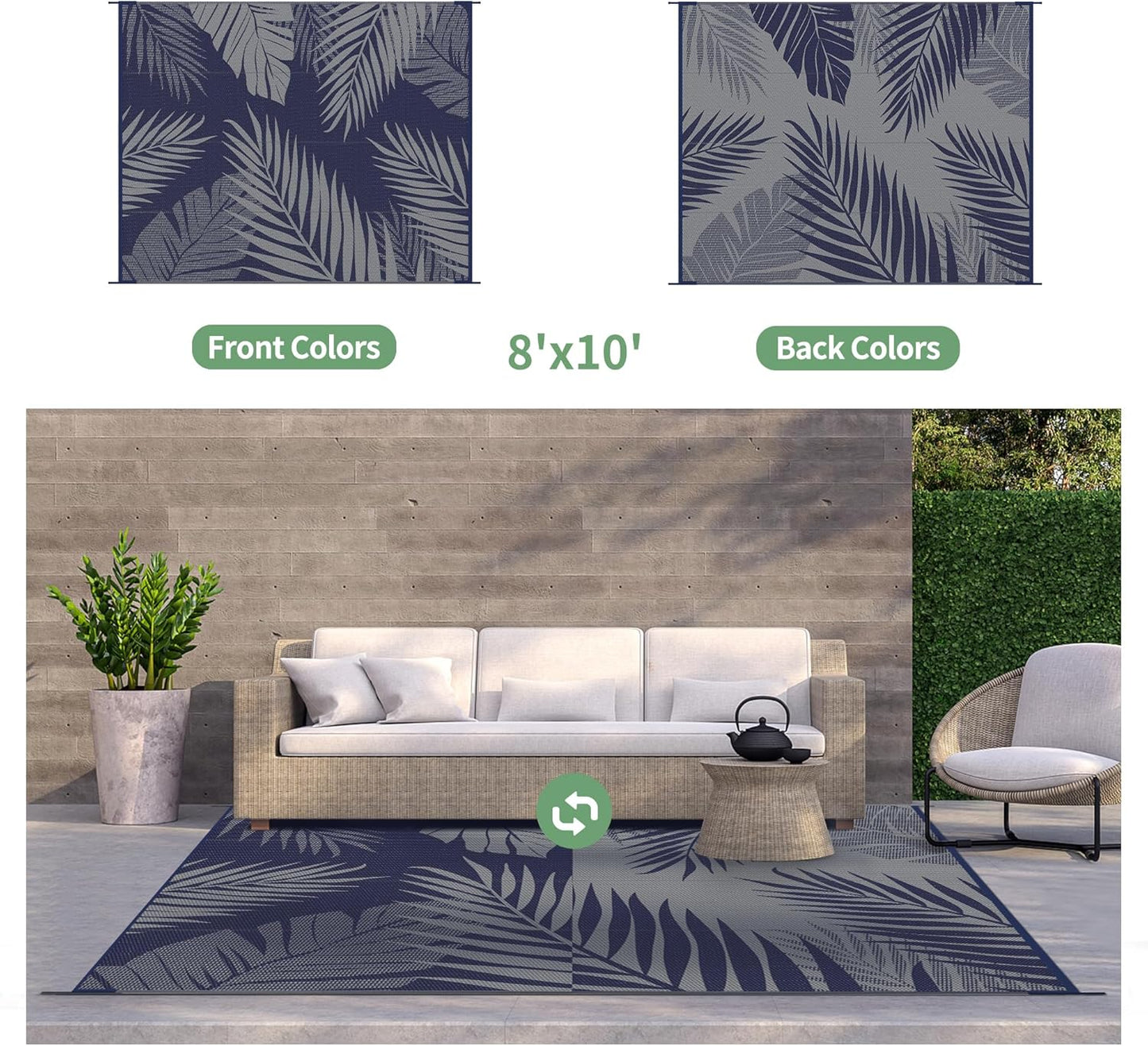 GENIMO Outdoor Rug 8' x 10' Waterproof for Patios Clearance, Reversible Outdoor Plastic Straw Camping Rug Carpet, Large Area Rugs Mats for RV, Camper, Deck, Balcony, Porch, Beach, Navy Blue&Grey
