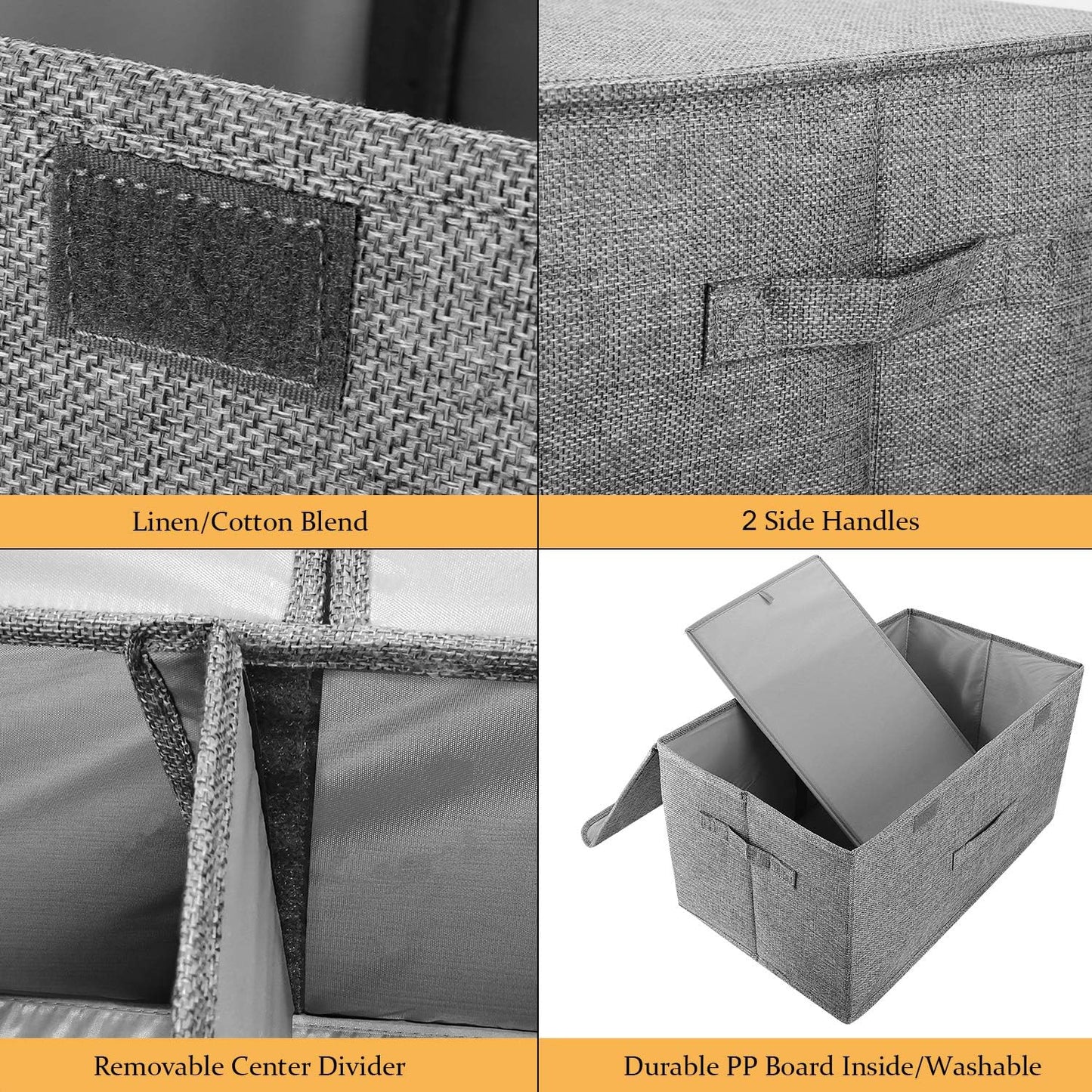 2 Pack Large Linen Fabric Collapsible Storage Bins with Lid and Handles, Washable Storage Box Baskets Cube with Removable Divider for Bedroom,Closet,Office,Living Room,Nursery (Black, Small)