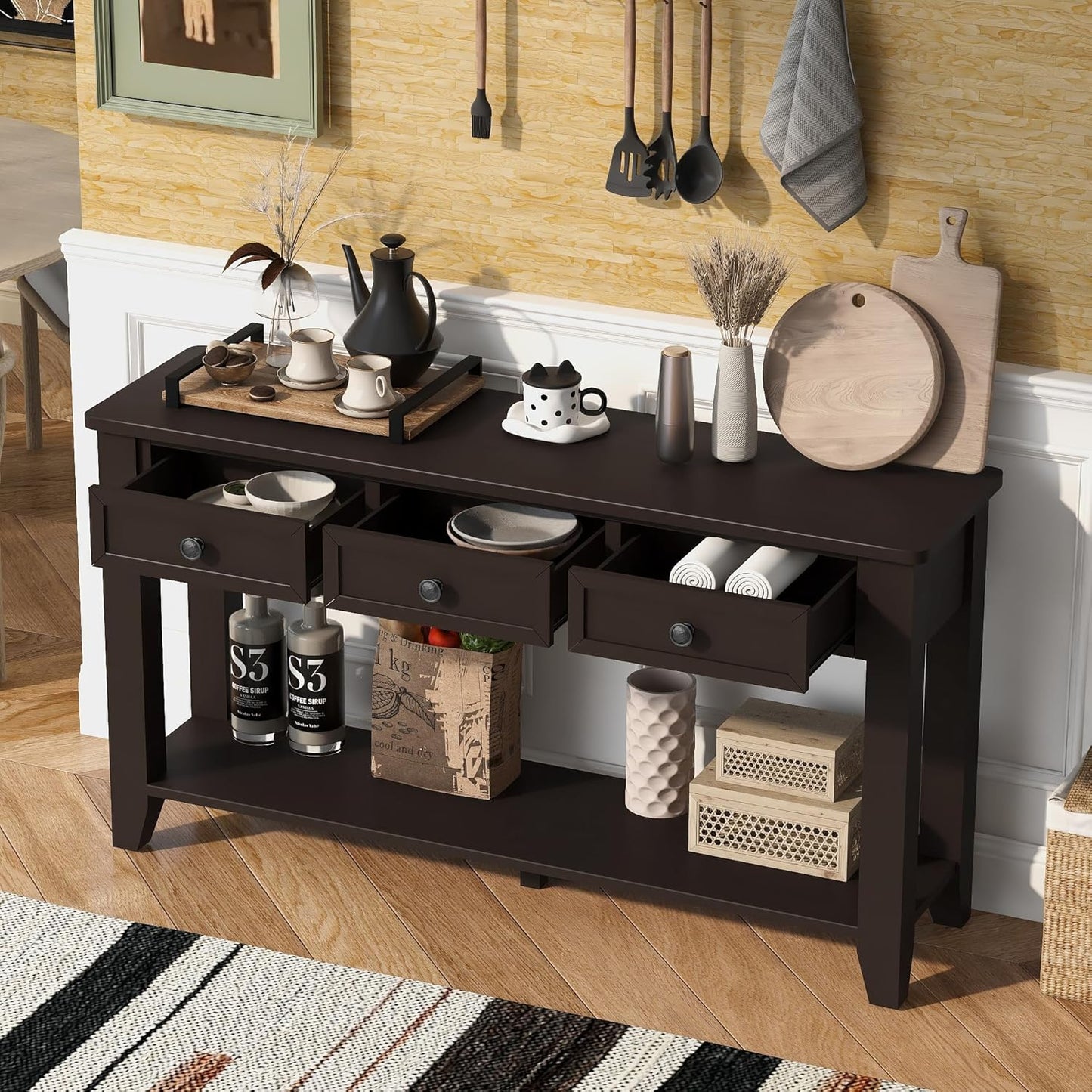 Farmhouse Modern Console Table 55.4-Inch Entryway Sofa Table with Drawers & Storage Shelf for Living Room Hallway Entrance, Dark Coffee