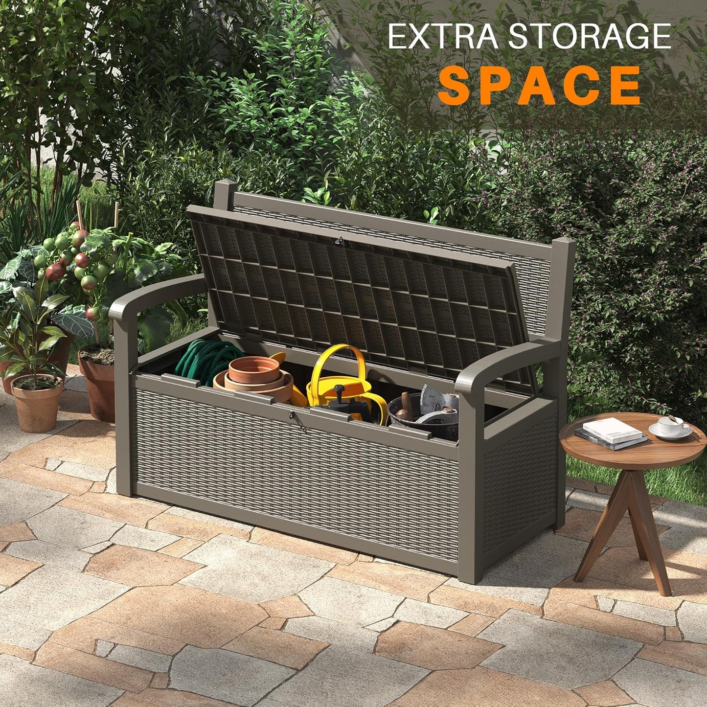 70 Gallon Deck Bench with Storage,Outdoor Storage Box Bench Waterproof&Lockable, Resin Patio Furniture with Armrest for Patio, Porch, Garden,Grey
