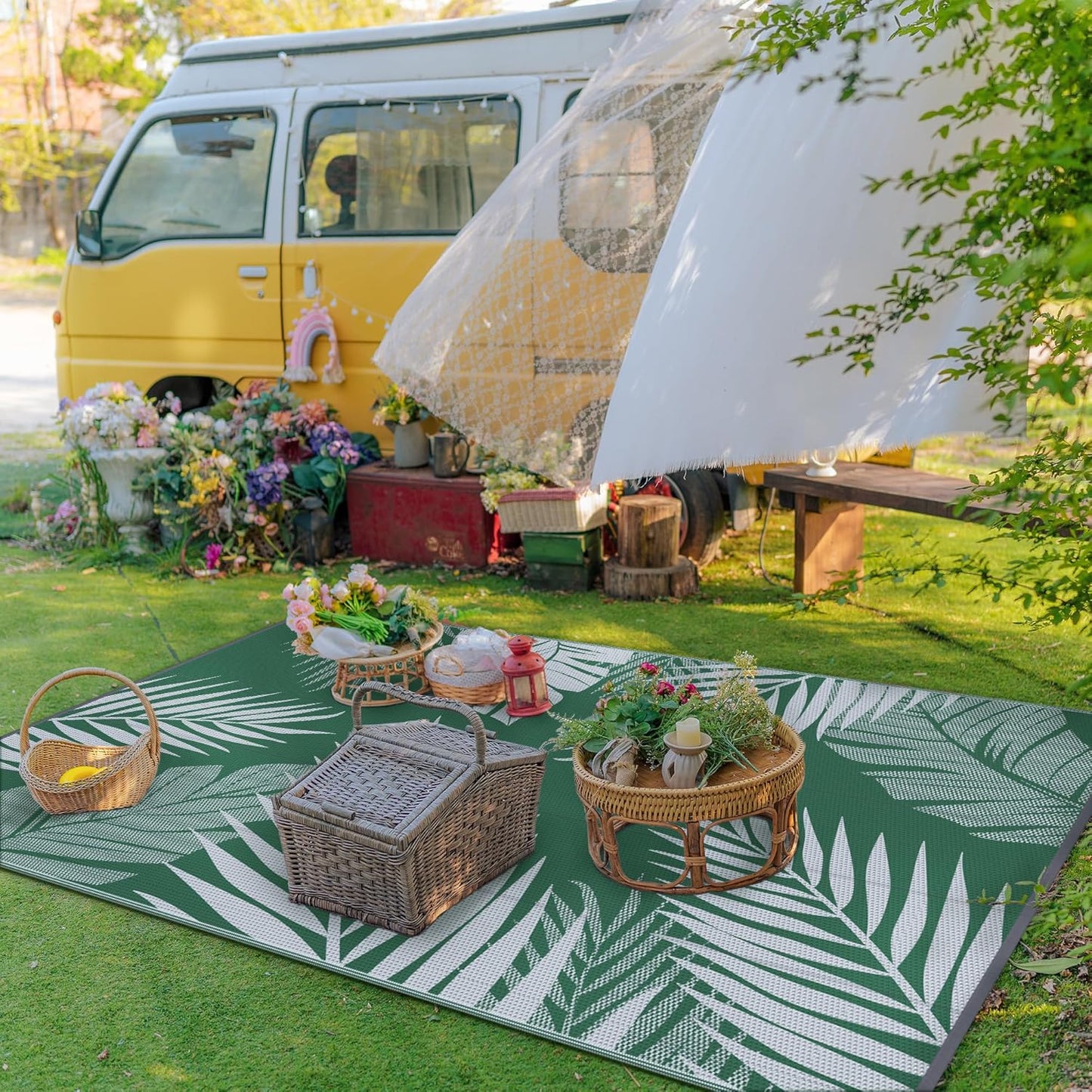 GENIMO Outdoor Rug 6' x 9' Waterproof for Patios Clearance, Reversible Plastic Straw Camping Carpet, Large Area Rugs Mats for RV, Picnic, Backyard, Deck, Balcony, Porch, Beach, Green&Grey