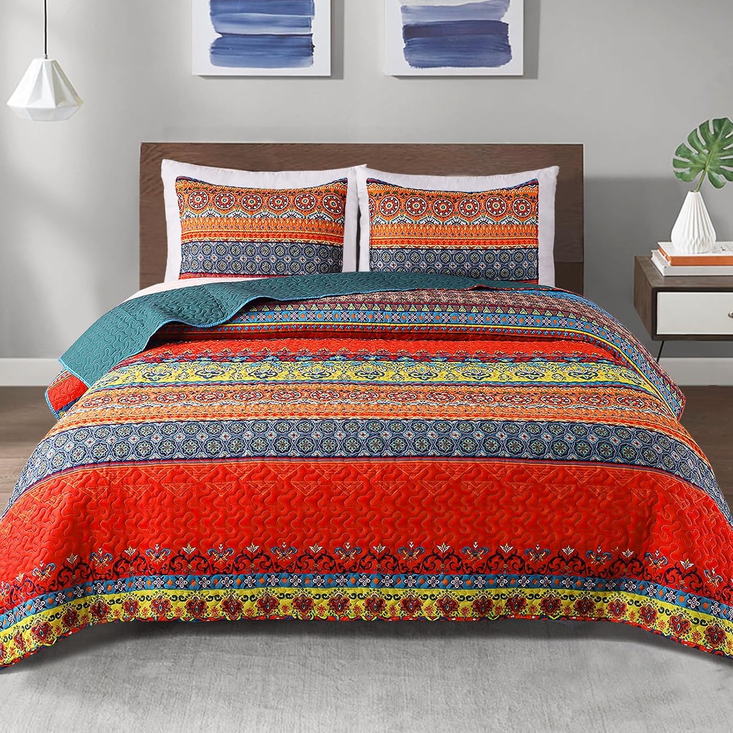 Exclusivo Mezcla Reversible Boho Quilt Set Queen Size, 3 Pieces Bohemian Blue All Season Bedspreads, Ultra Soft Floral Coverlet Bedding Set with Printed Pattern (1 Quilt, 2 Pillow Shams)